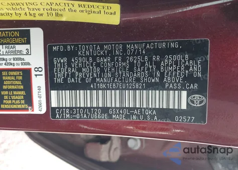 2014 Toyota Avalon Xle Touring из США, поврежденный, VIN 4T1BK1EB7EU125821